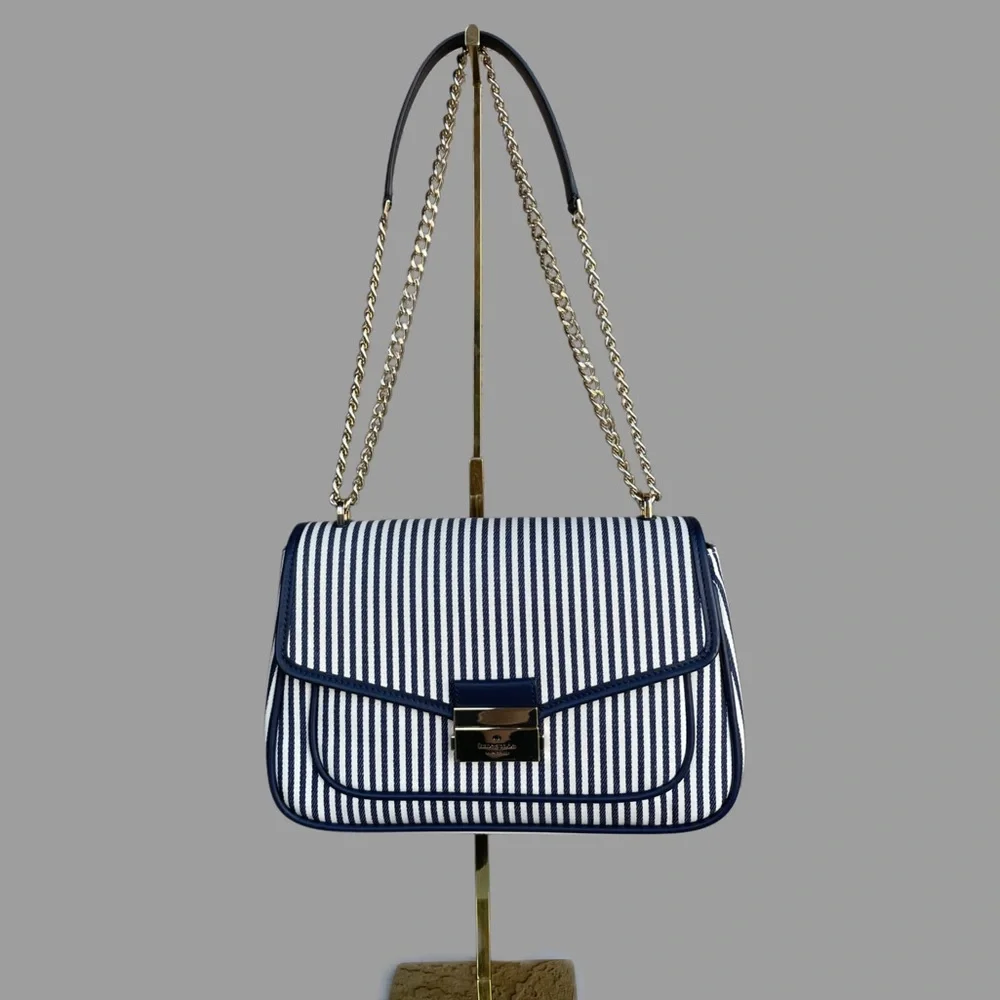 KATE SPADE Blue & White Striped Carey Medium Flap Striped Crossbody Shoulder Bag